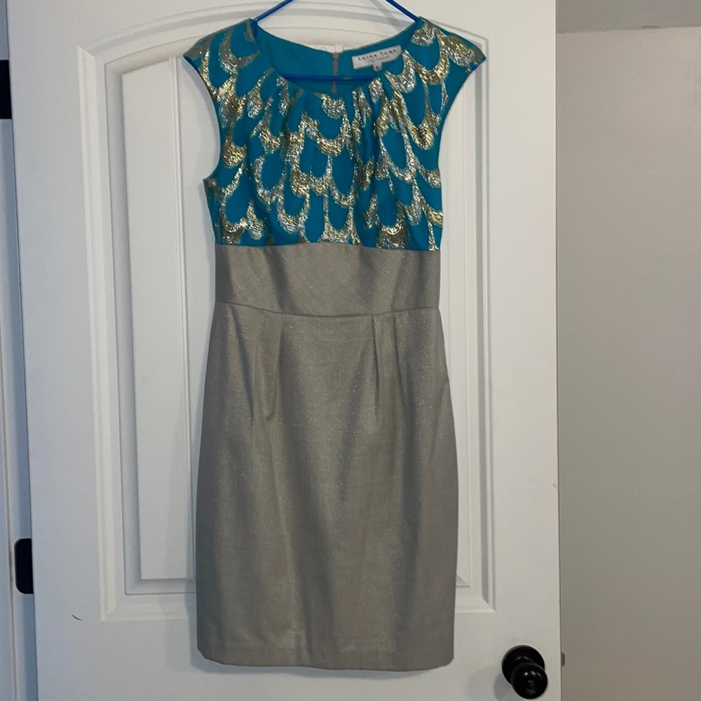 Teal and gold interview dress